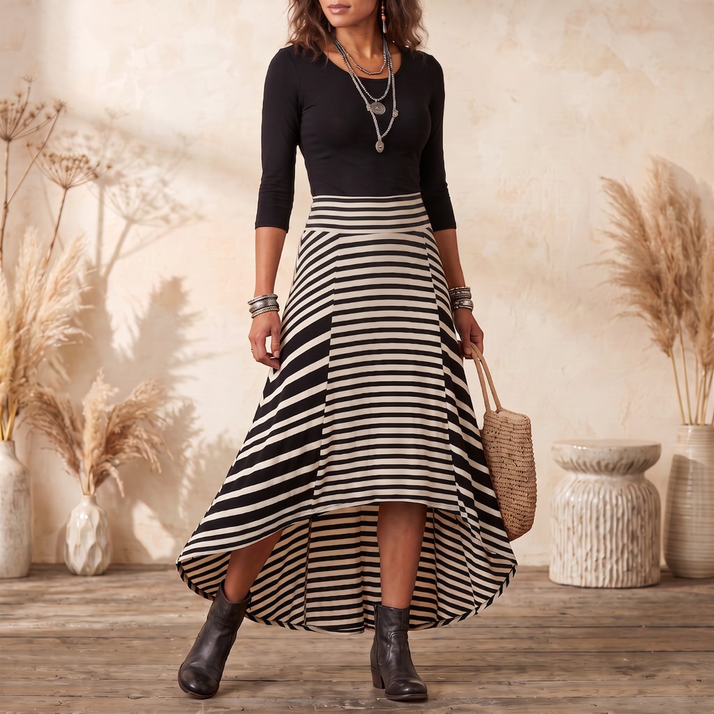 Chico's Whimsigoth Mix Striped High Low Maxi Skirt Black White 90s Grunge Boho L